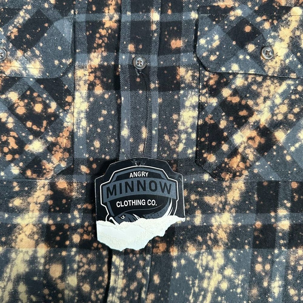 Angry Minnow Flannel Shirt Mens‎ Large Gray Black Plaid Miller Beer Bleach New - Picture 3 of 9